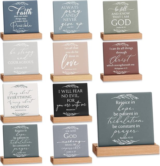 Roowest 10 Pcs Christian Desk Decor Bible Verse Inspirational Quotes Ceramic Sign Table Plaque with Wooden Stand for Fathers Day