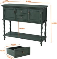 Table console en bois avec 2 tiroirs et 2 armoires à portes, rangement ouvert, étroite, longue, pour salon, hall d'entrée, couloir, vert non éclairé