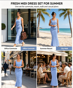 Nuovo Abito Estivo da Donna Senza Maniche con Spalline, Lunghezza <span class=keywords><strong>Midi</strong></span>, in Tessuto Tinta Unita, Elegante e Sexy, Modello A-Line - Product Image 2