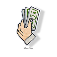 Patch en feutre brodé personnalisé thermocollant, motif billet de banque, sac à monnaie, dessin animé amusant, pour veste, vêtement, sac à dos, faible MOQ, OEM, vente en gros