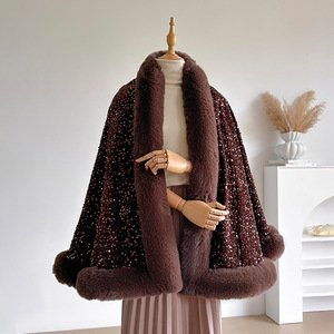 Cape châle poncho pour femme en sequins scintillants d'hiver de luxe, chaud, épais, pour soirée, col en fausse fourrure, châles - Product Image 3