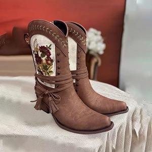 Bottines Western Rétro Brodé pour Femme, Nouveau Style, Tige en PU, Semelle Extérieure en Caoutchouc, Semelle Intermédiaire en Bois, Semelle Épaisse, Bout Pointu, Fermeture Éclair Latérale - Product Image 4