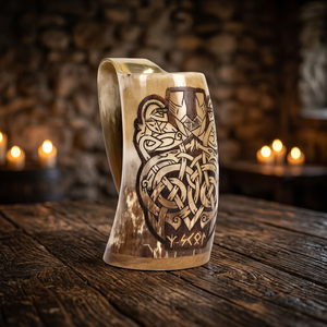 Mug en corne de buffle poli, fait main, écologique, d'inspiration viking, style art populaire religieux, avec couvercle et bouchon de paille, pour boissons chaudes, Noël - Product Image 6
