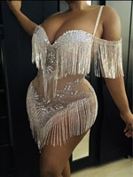 Bodysuit pesta tembus pandang berlian imitasi pakaian klub ukuran besar kostum panggung dansa Playsuit wanita seksi