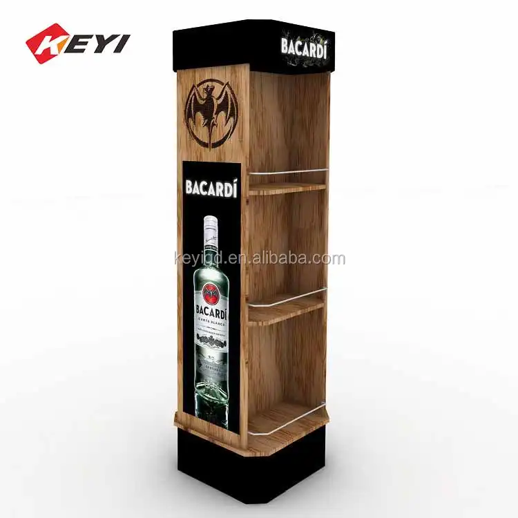 Wine Store Freestanding 3 Tier Wooden Shelf Retail Glass Bottles Liquor Display Cabinet