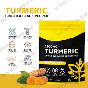 תוסף כורכום קורכומין WELLBOD OEM ODM מותג פרטי עם ביו-פרין וג'ינג'ר בטבליות, דרגת מזון, משפר חסינות - Product Image 2