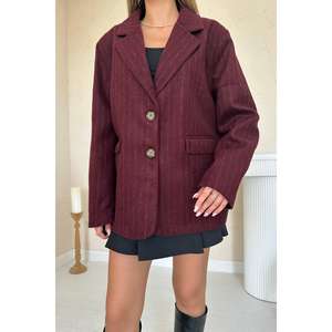 เสื้อเบลเซอร์ขนสัตว์สีเบอร์กันดี แขนยาว สำหรับผู้หญิง ฤดูใบไม้ร่วง แต่งขอบสี - Product Image 2