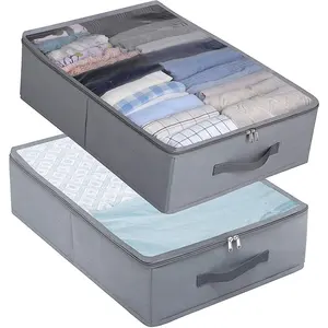 UnderBed Storage Containers Reinforced with Cardboards/Underbed Fabric Storage Bins for Clothes Sweaters Blankets 2 Pack, Gray