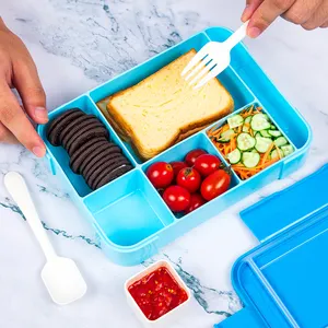 Fabriek Levering Magnetron Veilig 6 Compartiment Plastic Kantoor School Lunch Container Met Lepel Lunchbox Voor Kinderen Bento Box