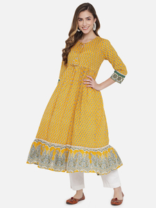 Vestido Maxi de Algodón Boho Amarillo con Estampado a Mano y Bordado, con Dobladillo Acampanado, Manga Tres Cuartos, Corte Holgado, Vestido Casual de Verano - Product Image 3