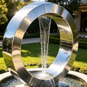 Großer Spiegelpolierter Edelstahl-Ringbrunnen, Abstrakte Outdoor-Landschaftsskulptur für Garten & Hotel - Product Image 2