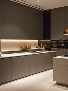 Meubles <span class=keywords><strong>de</strong></span> <span class=keywords><strong>cuisine</strong></span> modernes gris foncé avec comptoir en marbre, finitions haut <span class=keywords><strong>de</strong></span> gamme en verre brillant, îlot <span class=keywords><strong>de</strong></span> salle à manger - Product Image 6
