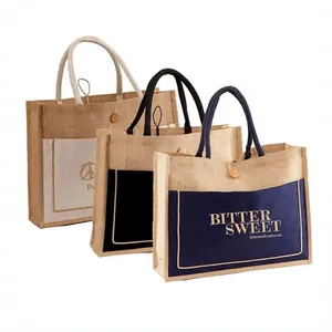 Sacs fourre-tout en jute imprimés sur mesure avec poche avant en toile, sacs en toile de jute naturelle réutilisables pour cadeaux, shopping, style motif lettres - Product Image 1