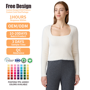 Suéter de punto afelpado con cuello cuadrado para mujer, mezcla de lana, manga larga acanalada, ajuste ceñido, top de punto para otoño/invierno al por mayor - Product Image 2