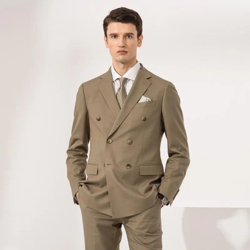 Conjuntos de roupas masculinas cáqui com botões de fileira dupla personalizadas de alta qualidade, ternos casuais de negócios slim fit