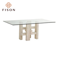 Table à manger rectangulaire en travertin Wabi Sabi avec plateau en verre transparent, table à manger moderne de luxe pour hôtel, table à manger personnalisée pour usage commercial