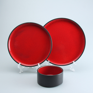Service de vaisselle en porcelaine émaillé<span class=keywords><strong>e</strong></span>, vaisselle rétro, peinte à la main, rouge noir, assiettes de table, bols service de vaisselle en céramique 12 pièces - Product Image 2