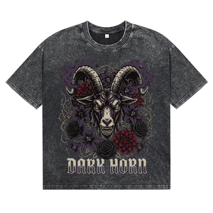 Camiseta de algodón transpirable negra con lavado ácido para hombre, estampado personalizado de cabra gótica, cuello redondo, manga corta, ajuste regular informal - Product Image 1