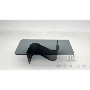 Meubles de salon modernes, table basse rectangulaire en verre trempé noir, base en bois en forme de vague, fabriquée en Chine, Wave Sha - Product Image 4