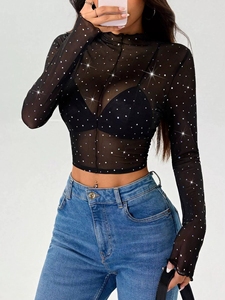 Europe et Amérique 2026 Printemps/Automne Nouveau T-<span class=keywords><strong>shirt</strong></span> Haut <span class=keywords><strong>Femme</strong></span> à Col Montant Fin, Manches Longues, en Maille Transparente et Paillettes - Product Image 2