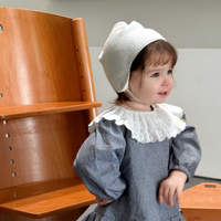 Robe vintage à carreaux pour bébé fille, avec col à volants en dentelle, tenue décontractée à manches longues, bonnet en tricot assorti pour tout-petits