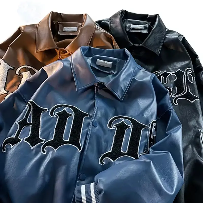 Оптовая продажа, винтажная кожаная куртка из искусственной кожи с вышивкой, бейсбольная кожаная куртка