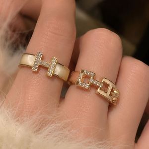 H Letter Enamel Custom <b>Gold</b>-Plated Channel <b>Set</b> Zircon Trendy <b>Ring</b> INS Style French Niche Design Wholesale Copper Jewelry Women's - Product Image 3