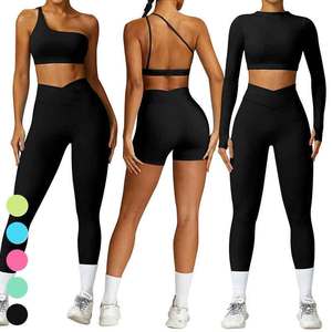 OEM Nuevo Activewear Mujeres Gym Set Un hombro Sujetador deportivo Manga larga Cross V Belt Shorts Leggings 4PCs Yoga Sets Gym Apparel - Product Image 6