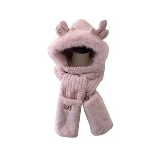 Winter Letters Antlers Jacquard Warm Hat Long Ear Protection Plush <span class=keywords><strong>Gloves</strong></span> Scarf Set Imitation Rabbit Fur Windproof Thickened - Product Image 6