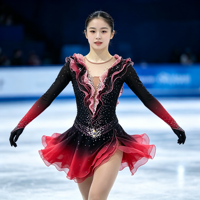 Robe de patinage artistique à volants dégradé noir et rouge, jupe en mousseline ornée de strass, costume de performance à manches longues pour compétition, personnalisable