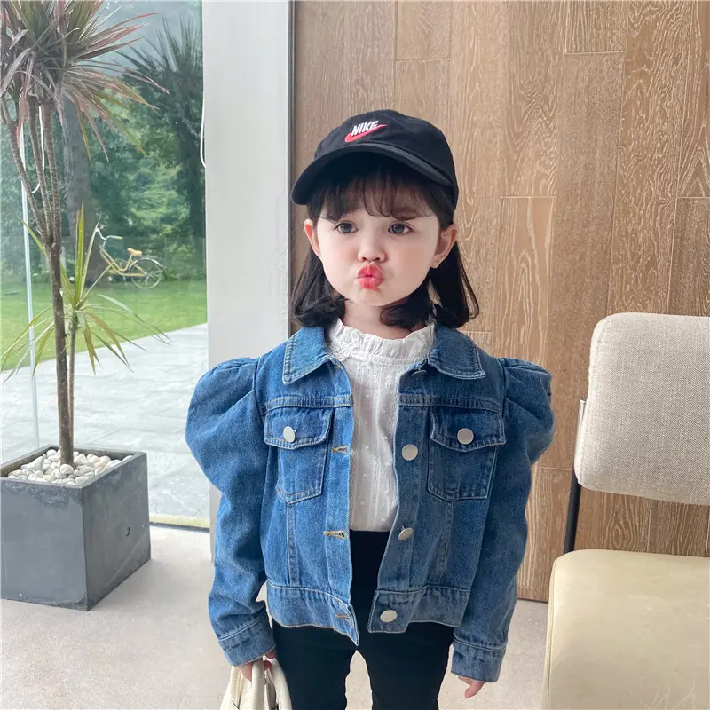 2020 New Autumn Baby to Toddler Girl Puff Sleeve Jean Jacket Cute Denim Blue Coat for 1-6T