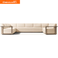 Canapé d'extérieur modulaire de luxe en teck massif, ensemble de canapés de jardin en forme de L moderne pour villa, complexe hôtelier, mobilier d'extérieur