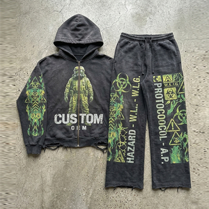 เสื้อฮู้ดดี้ผู้ชายทรงโอเวอร์ไซส์แบบสองชิ้น ผ้าหนา 400 GSM พิมพ์ลายดิจิตอลแบบทำสีซีดสไตล์วินเทจ  รับผลิตตามแบบ OEM - Product Image 1
