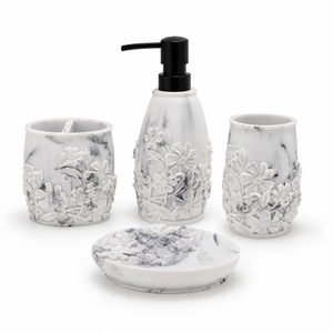 Ensemble d'accessoires de salle de bain en résine sable à motif floral élégant, effet marbre blanc-gris pour décoration botanique - Product Image 2