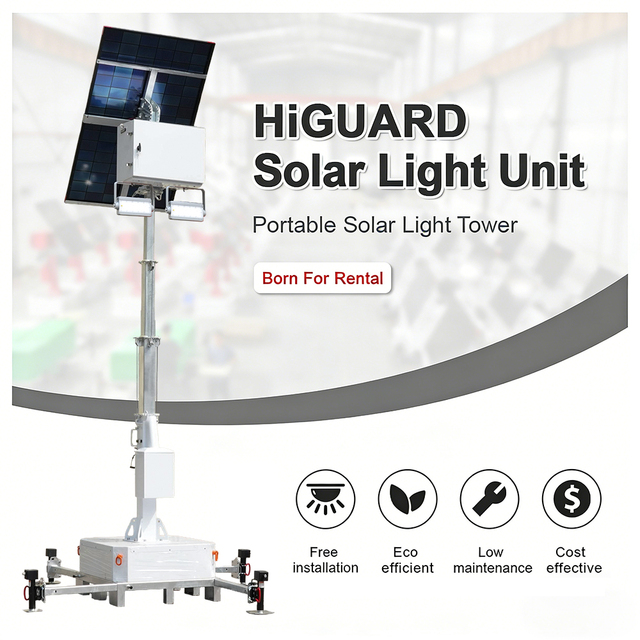 HiGUARD Portable Self-contained DC Solar Powered Lighting Tower with 2560Wh Lithium Battery and 2*100W LED Lights for Work Site