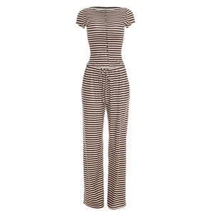 Viviblook J26ST078 Conjunto de dos piezas para mujer, novedad de verano, top de punto a rayas con bloques de color, manga corta y botones, y pantalones de pierna ancha. - Product Image 5