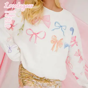 Loveda Custom Private Label White Round Neck Solid Sweatshirt Colorful Bow Print Slit Long Sleeve Pullover For Women