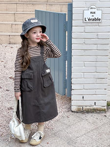 أزياء كورية غير رسمية خريفية مخطط تي شيرت + فستان كارجو 2 طقم ملابس فتيات أطفال - Product Image 3