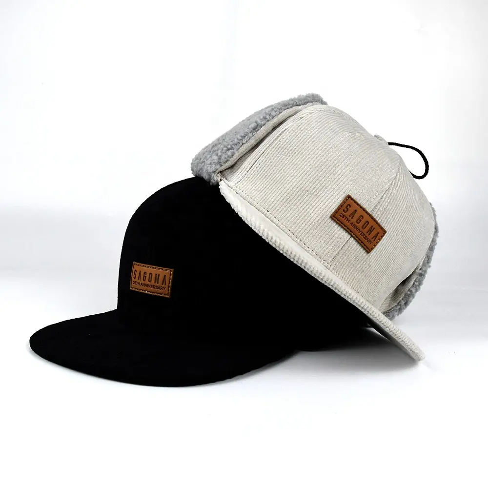 Custom Corduroy Ear Flap Winter Baseball Caps Flat Brim Bill Snapback Hat With Leather Patch