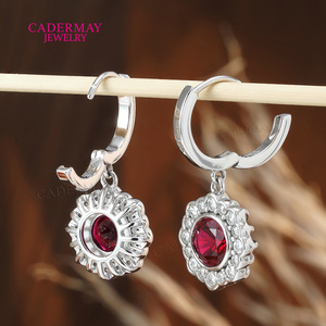 Cadermay Floral Drop Earrings 925 Sterling Silver Ruby Moissanite Everyday Wear - Product Image 1