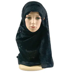 Wholesale Women Jersey Cotton Beaded Jacquard Knit Scarves And Shawls Lace Hijab With Stones
