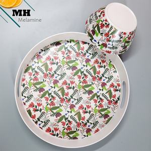 Bandeja de plato de <span class=keywords><strong>melamina</strong></span> redonda EU2020/1245 con asas, <span class=keywords><strong>vajilla</strong></span> de plástico ecológica con patrón de plantas - Product Image 2