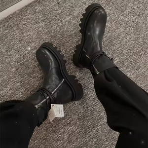Mode à lacets femme <span class=keywords><strong>mi</strong></span>-<span class=keywords><strong>mollet</strong></span> <span class=keywords><strong>bottes</strong></span> Vintage bout rond en <span class=keywords><strong>cuir</strong></span> noir côté fermeture éclair plate-forme femmes <span class=keywords><strong>bottes</strong></span> de motard - Product Image 2