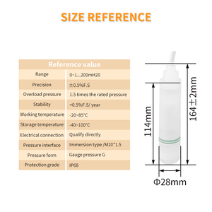 משדר מפלס הידרוסטטי טבול מפלסטיק תעשייתי PTFE 4-20mA דיוק 0.5%  למים כימיים, חומצה, אלקלי וביוב - Product Image 3