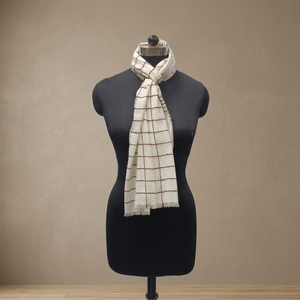 Women's <b>Long</b> Cotton <b>Scarf</b> Checkered Pattern Lightweight Daily Wear All Seasons White with Brown Grid Fringe Edge - Product Image 2