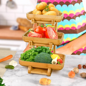 Support de sol rectangulaire <span class=keywords><strong>à</strong></span> 3 niveaux pour fruits et collations, en bambou, avec paniers <span class=keywords><strong>à</strong></span> fruits vides et bols recyclables - Product Image 2