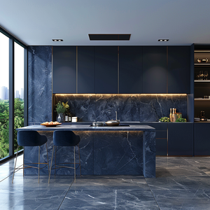 Meubles de cuisine modulaires de luxe bleu marine moderne avec îlot <span class=keywords><strong>en</strong></span> marbre, éclairage LED chaud, placage bois, garantie 5 ans - Product Image 1