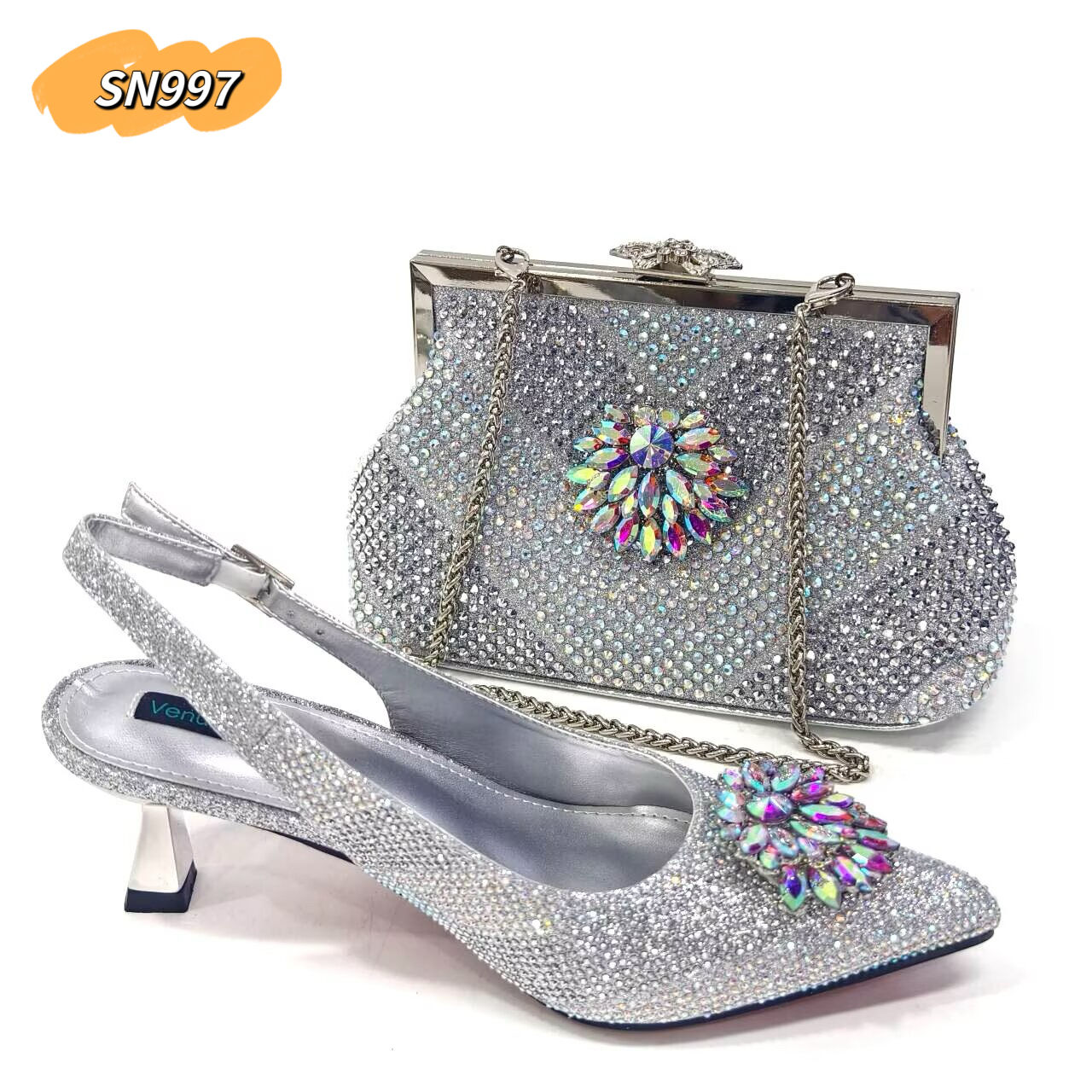 Ladies Silver Hand Bags Fashion High Heels Italian Shoes and Bag Set 2024  Office Shoes for Women Lady