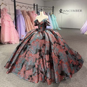 Robe de bal en brocart métallique Dy1537, magnifique robe de Quinceañera en jacquard plissé gris anthracite, rose doré et vert sarcelle, Jancember - Product Image 6