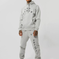 Setelan Sweatshirt Hoodie Pria Biru Dongker Ukuran Oversize Bahan Fleece dengan Cetakan Huruf, Tracksuit Kasual dengan Saku untuk Musim Gugur